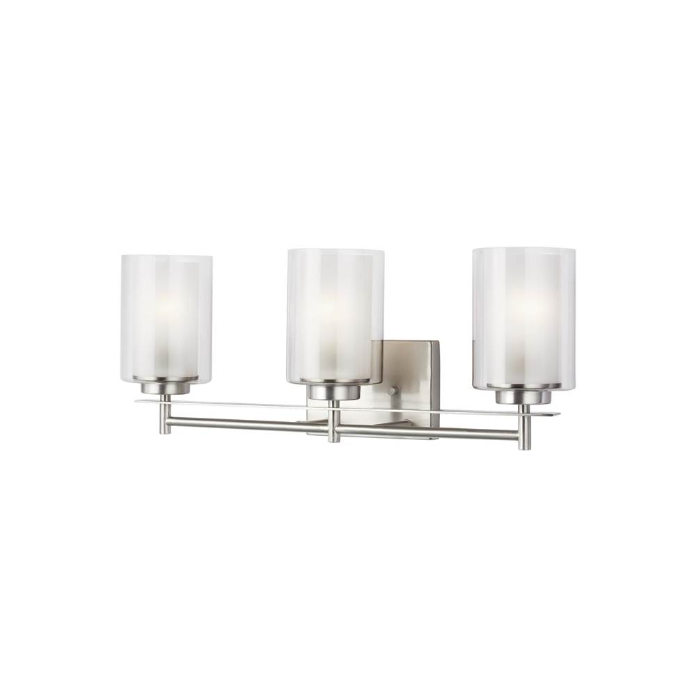 Generation Lighting Elmwood Park Traditional 3-Light Led Indoor Bath Vanity Wall Sconce In Brushed Nickel Silver W/Satin Etched Glass Shades And Clear Glass Shades