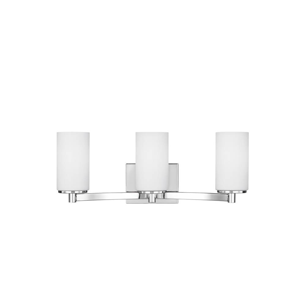 Generation Lighting Hettinger Transitional 3-Light Indoor Dimmable Bath Vanity Wall Sconce In Chrome Silver Finish With Etched White Inside Glass Shades