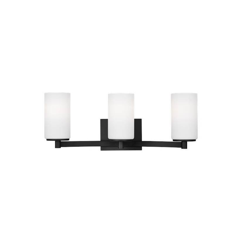 Generation Lighting Hettinger Traditional Indoor Dimmable 3-Light Wall Bath Sconce In A Midnight Black Finish With Etched White Glass Shades