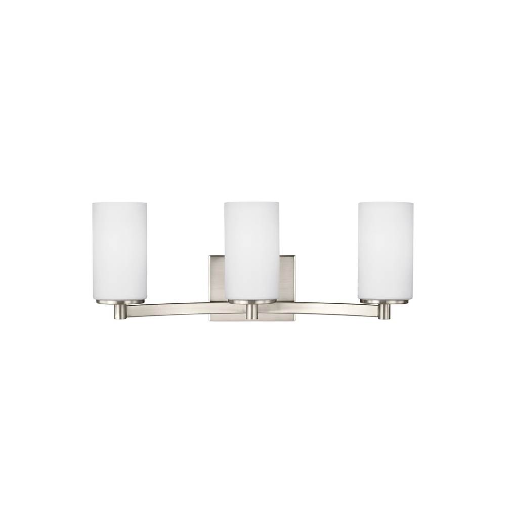 Generation Lighting Hettinger Transitional 3-Light Led Indoor Dimmable Bath Vanity Wall Sconce In Brushed Nickel Silver Finish With Etched White Inside Glass Shades