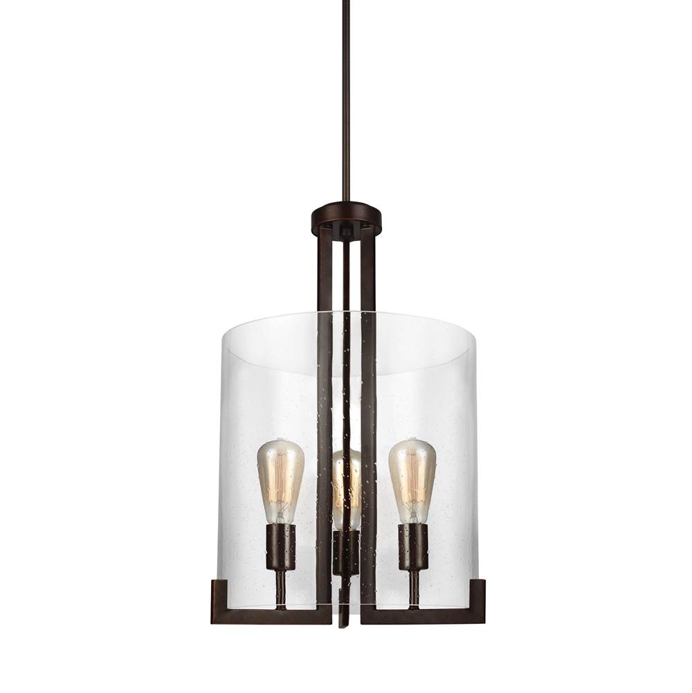 Generation Lighting Dawes Transitional 3-Light Indoor Dimmable Ceiling Pendant Hanging Chandelier Pendant Light In Bronze Finish With Clear Seeded Glass Shade