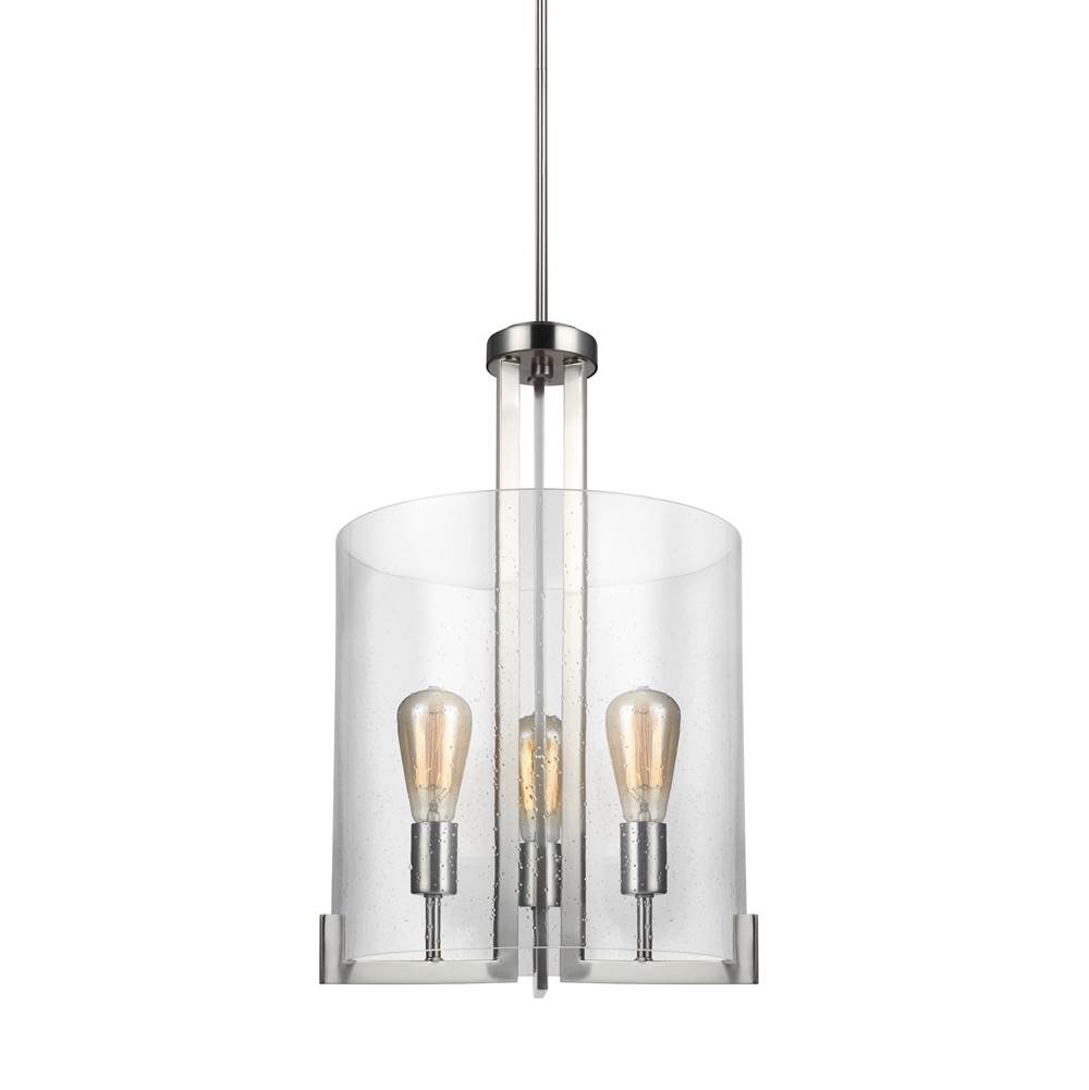 Generation Lighting Dawes Transitional 3-Light Indoor Dimmable Ceiling Pendant Hanging Chandelier Pendant Light In Brushed Nickel Silver Finish W/Clear Seeded Glass Shade