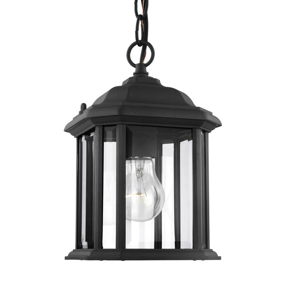 Generation Lighting Kent Traditional 1-Light Outdoor Exterior Semi-Flush Convertible Ceiling Hanging Pendant In Black Finish With Clear Beveled Glass Panels