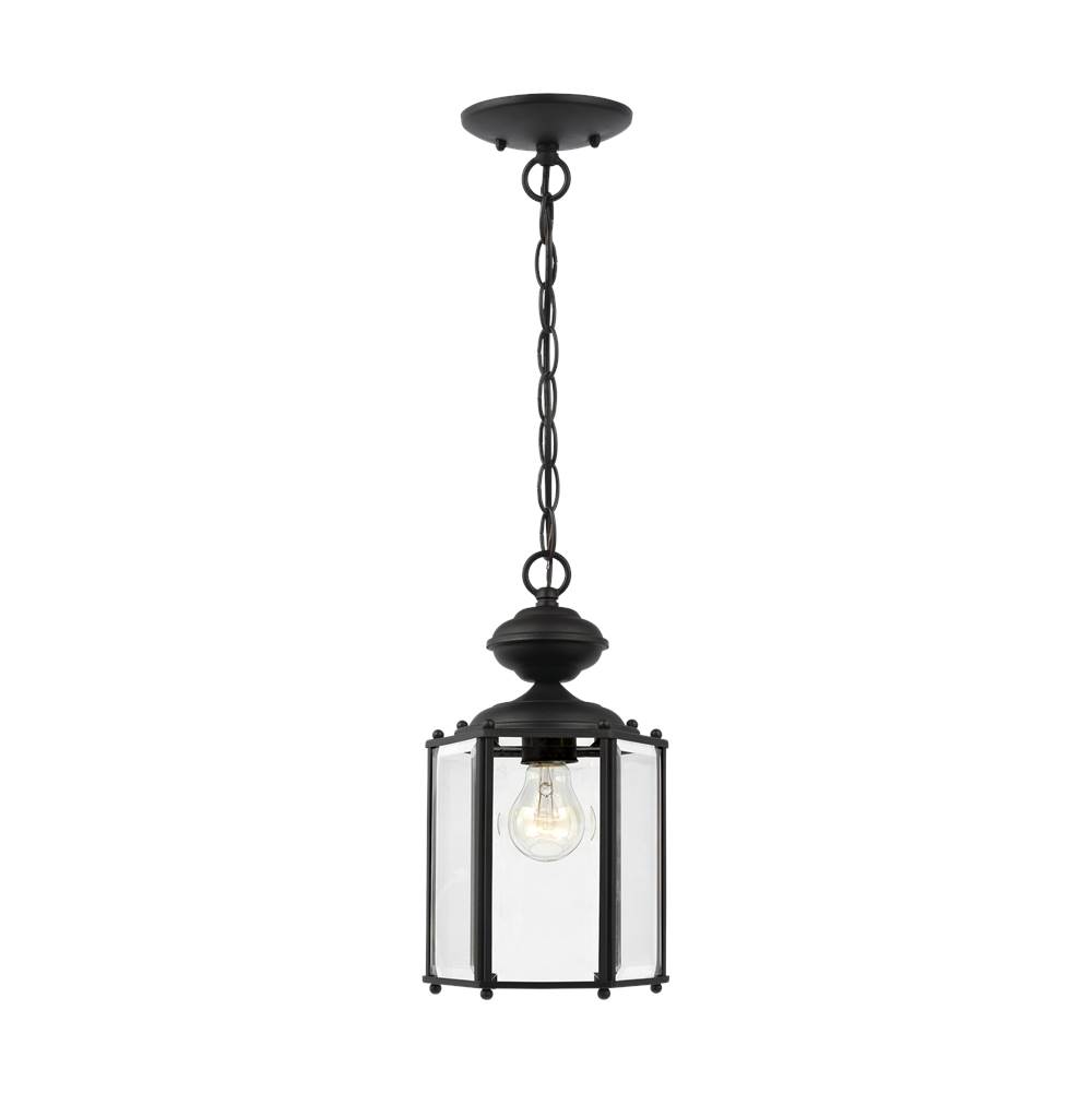 Generation Lighting Classico Traditional 1-Light Outdoor Exterior Semi-Flush Convertible Ceiling Pendant In Black Finish With Clear Beveled Glass Panels