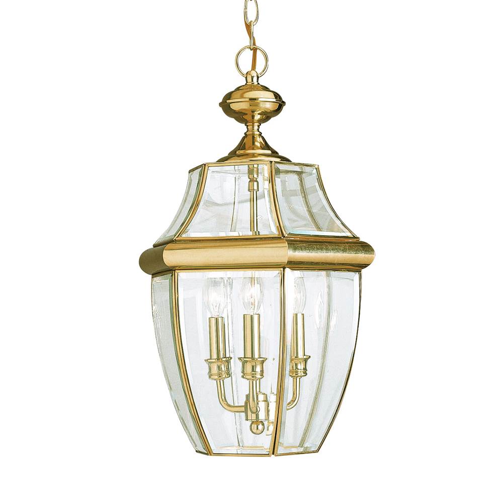 Generation Lighting Lancaster Traditional 3-Light Outdoor Exterior Pendant In Polished Brass Gold Finish With Clear Curved Beveled Glass Shade