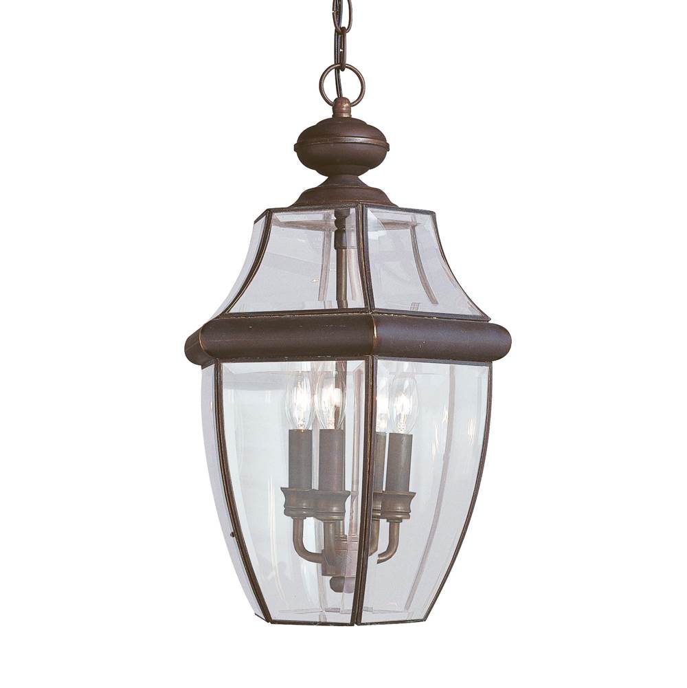 Generation Lighting Lancaster Traditional 3-Light Outdoor Exterior Pendant In Antique Bronze Finish With Clear Curved Beveled Glass Shade