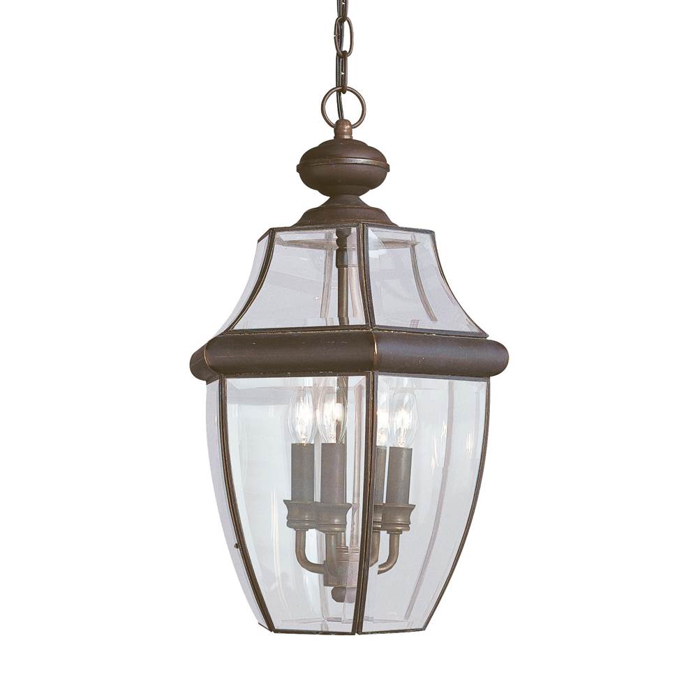 Generation Lighting Lancaster Traditional 3-Light Outdoor Exterior Pendant In Antique Bronze Finish With Clear Curved Beveled Glass Panel