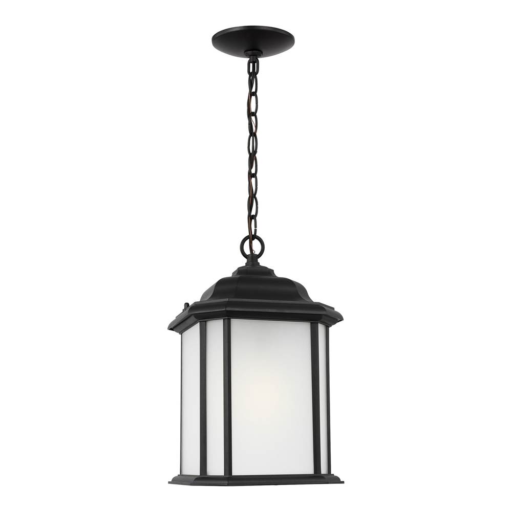 Generation Lighting Kent Traditional 1-Light Led Outdoor Exterior Ceiling Hanging Pendant In Black Finish With Satin Etched Glass Panels