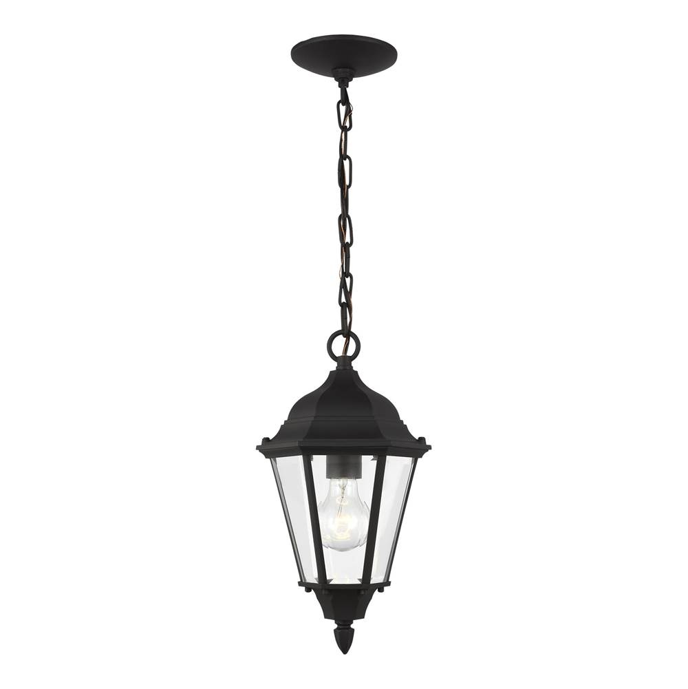 Generation Lighting Bakersville Traditional 1-Light Outdoor Exterior Pendant In Black Finish With Satin Etched Glass Panels