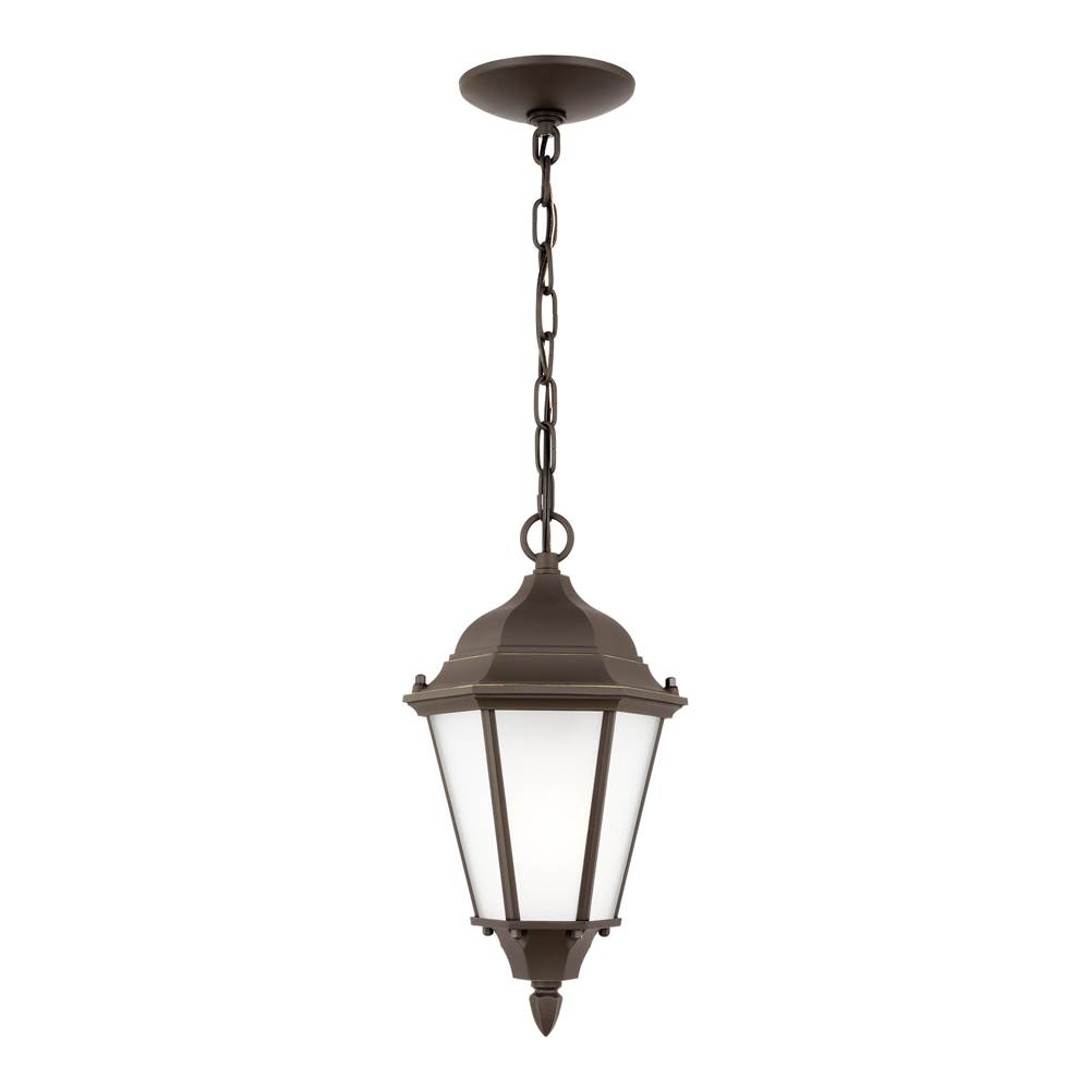 Generation Lighting Bakersville Traditional 1-Light Outdoor Exterior Pendant In Antique Bronze Finish With Satin Etched Glass Panels