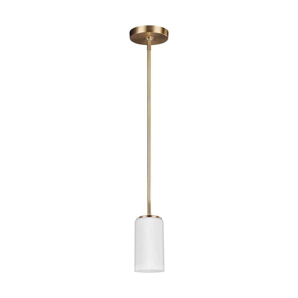 Generation Lighting Alturas Contemporary 1-Light Led Indoor Dimmable Ceiling Hanging Single Pendant Light In Satin Brass Gold Finish W/Etched White Inside Glass Shade