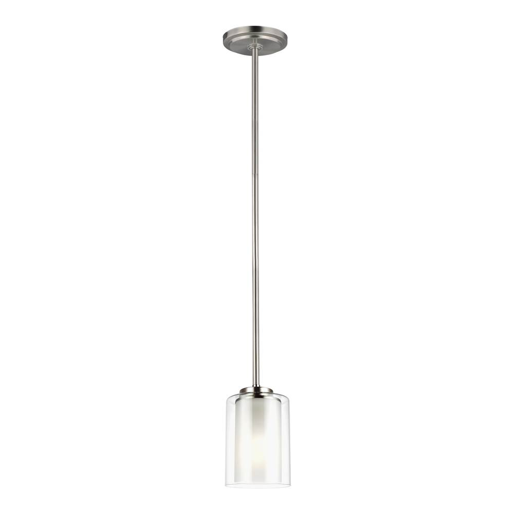 Generation Lighting Elmwood Park Traditional 1-Light Led Ceiling Hanging Single Pendant Light In Brushed Nickel Silver W/Satin Etched Glass Shade And Clear Glass Shade