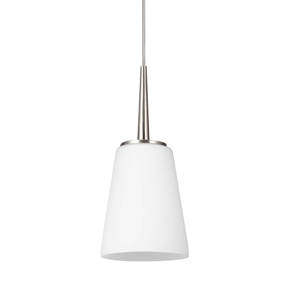 Generation Lighting Driscoll Contemporary 1-Light Led Indoor Dimmable Ceiling Hanging Single Pendant Light In Brushed Nickel Silver Finish W/Cased Opal Etched Glass