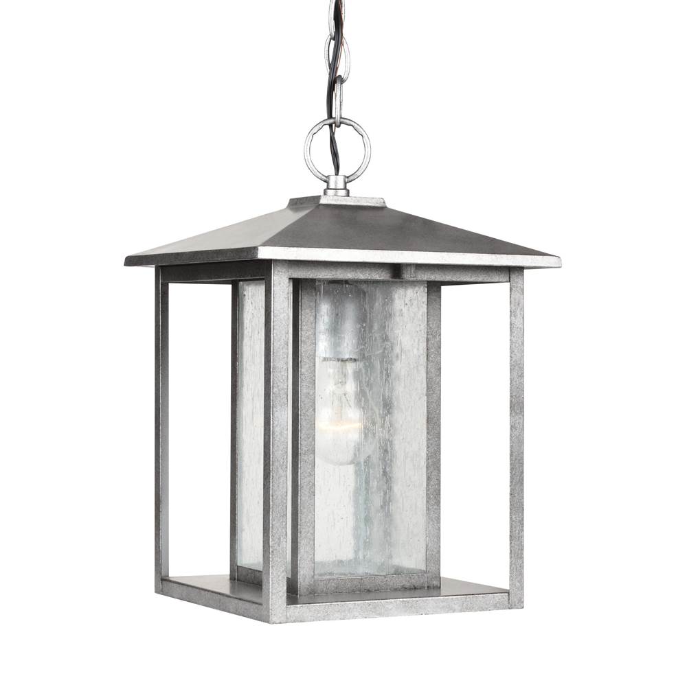 Generation Lighting Hunnington Contemporary 1-Light Outdoor Exterior Pendant In Weathered Pewter Grey Finish With Clear Seeded Glass Panels