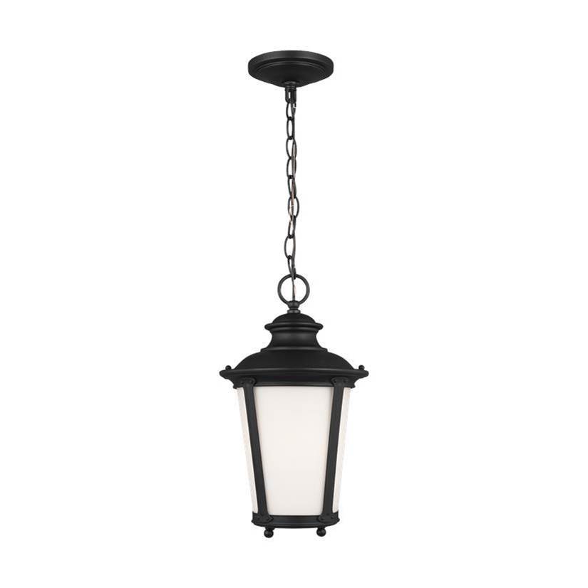 Generation Lighting Cape May Traditional 1-Light Outdoor Exterior Hanging Ceiling Pendant In Black Finish With Etched White Glass Shade