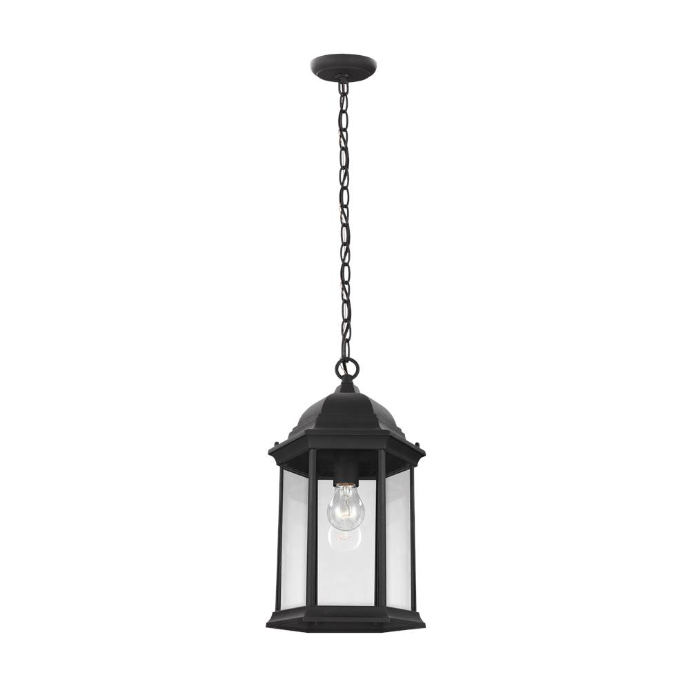 Generation Lighting Sevier Traditional 1-Light Outdoor Exterior Ceiling Hanging Pendant In Black Finish With Clear Glass Panels