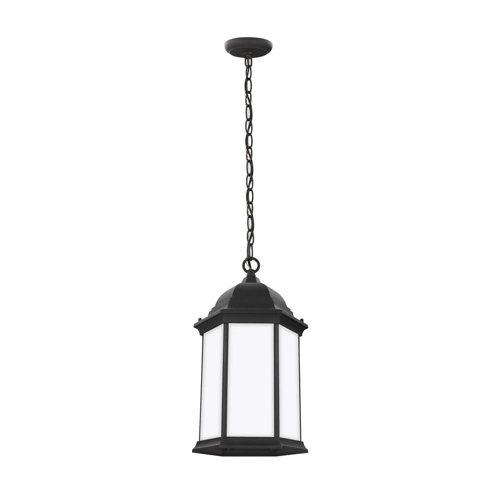 Generation Lighting Sevier Traditional 1-Light Led Outdoor Exterior Ceiling Hanging Pendant In Black Finish With Satin Etched Glass Panels