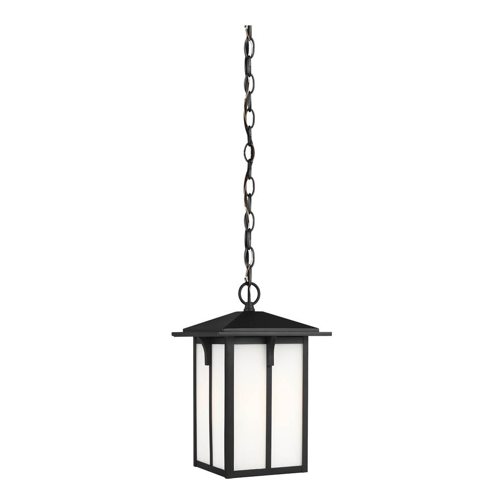 Generation Lighting Tomek Modern 1-Light Outdoor Exterior Ceiling Hanging Pendant In Black Finish With Etched White Glass Panels