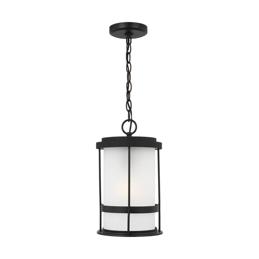 Generation Lighting Wilburn Modern 1-Light Outdoor Exterior Ceiling Hanging Pendant Lantern In Black Finish With Satin Etched Glass Shade