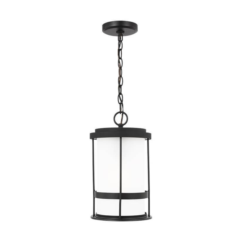 Generation Lighting Wilburn Modern 1-Light Led Outdoor Exterior Ceiling Hanging Pendant Lantern In Black Finish With Satin Etched Glass Shade