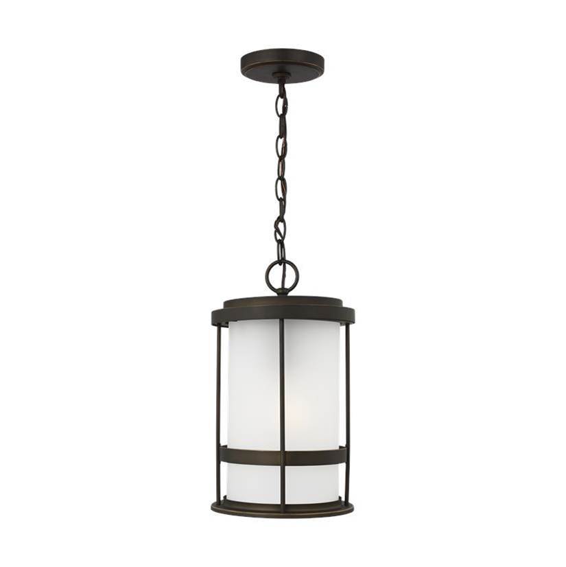 Generation Lighting Wilburn Modern 1-Light Led Outdoor Exterior Ceiling Hanging Pendant Lantern In Antique Bronze Finish With Satin Etched Glass Shade