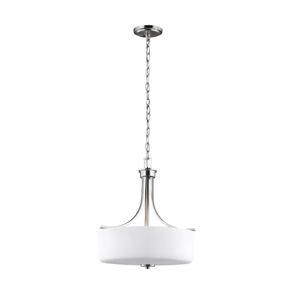 Generation Lighting Canfield Modern 3-Light Indoor Dimmable Ceiling Pendant Hanging Chandelier Pendant Light In Brushed Nickel Silver W/Etched White Inside Glass Shade