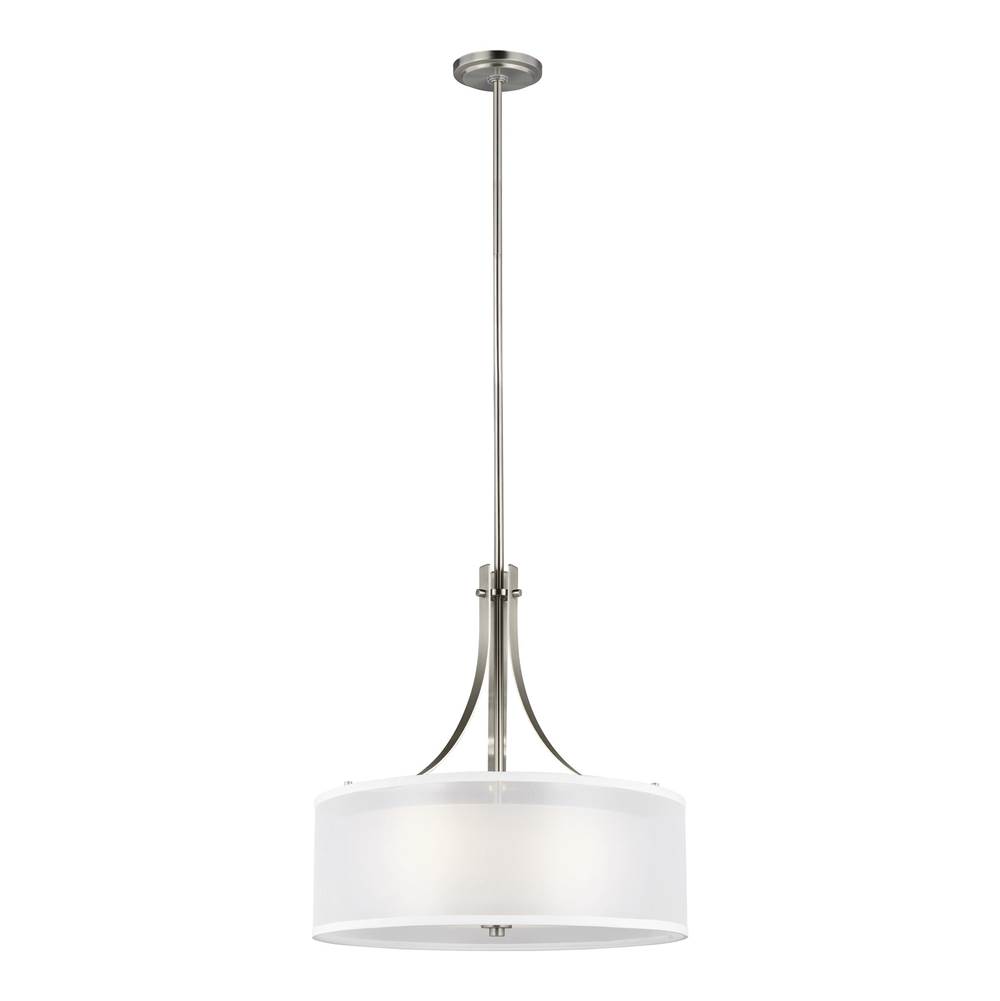 Generation Lighting Elmwood Park 3-Light Ceiling Pendant Hanging Chandelier Pendant In Brushed Nickel Silver W/Satin Etched Glass Shade,Off White Organza Silk Shade
