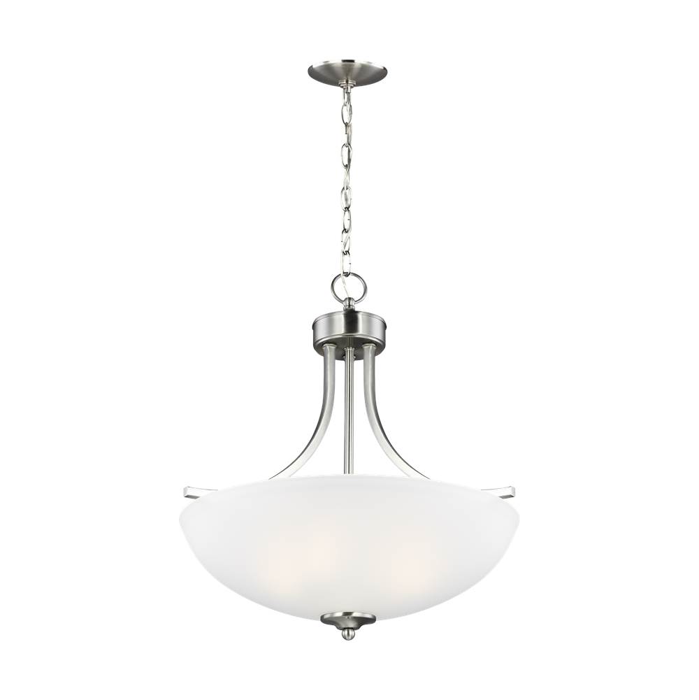 Generation Lighting Geary Transitional 3-Light Indoor Dimmable Ceiling Pendant Hanging Chandelier Pendant Light In Brushed Nickel Silver Finish W/Satin Etched Glass Shade