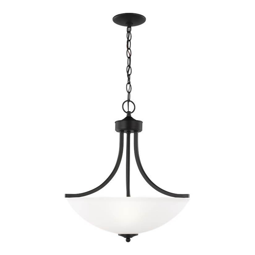 Generation Lighting Geary Transitional 3-Light Led Indoor Dimmable Ceiling Pendant Hanging Chandelier Pendant Light In Midnight Black Finish W/Satin Etched Glass Shade