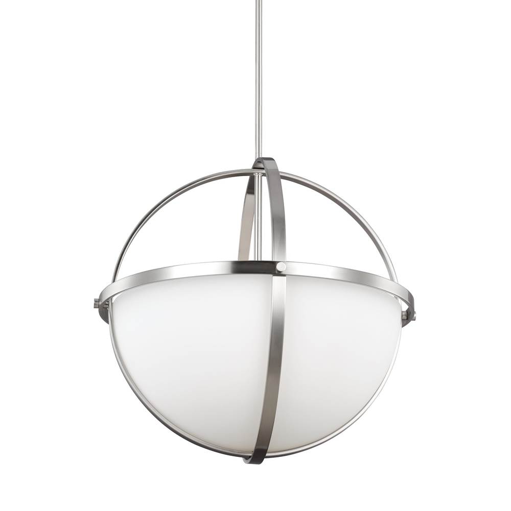 Generation Lighting Alturas Contemporary 3-Light Indoor Ceiling Pendant Hanging Chandelier Pendant Light In Brushed Nickel Silver W/Etched White Inside Glass Shade