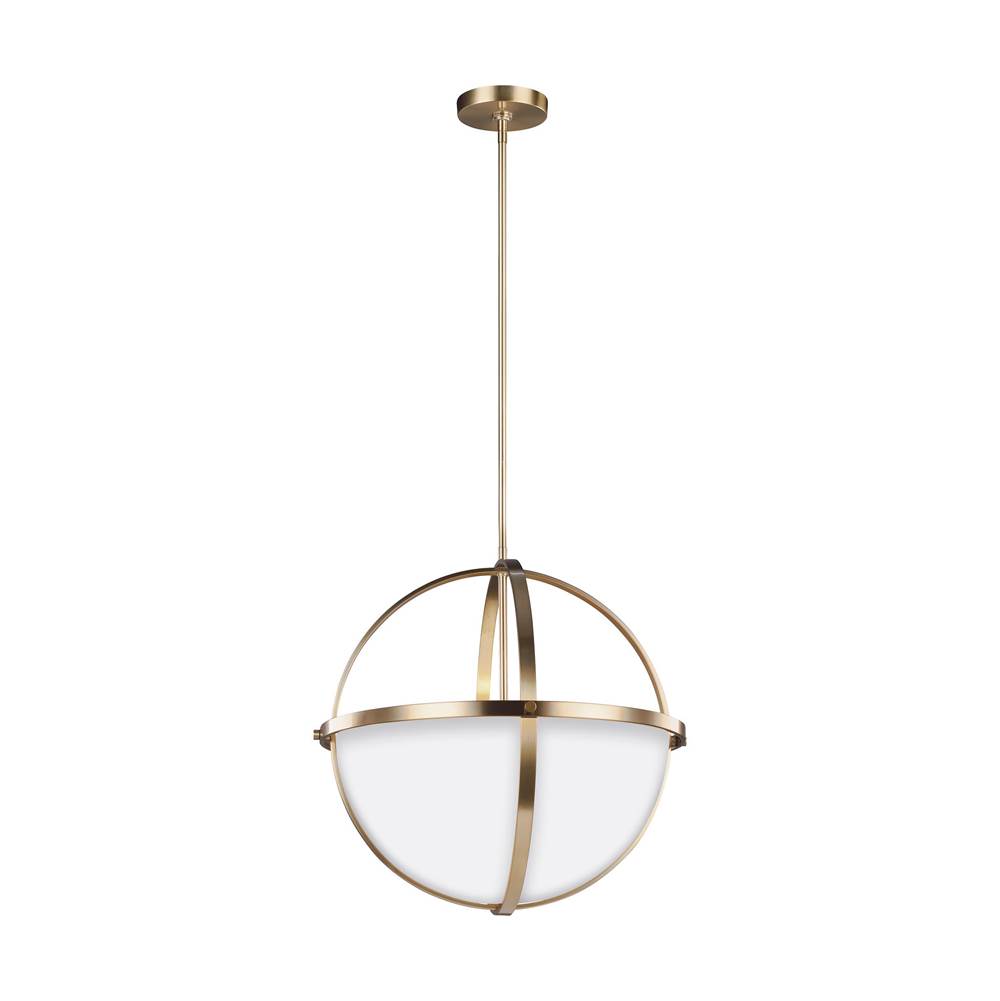 Generation Lighting Alturas Contemporary 3-Light Led Indoor Ceiling Pendant Hanging Chandelier Pendant Light In Satin Brass Gold W/Etched White Inside Glass Shade