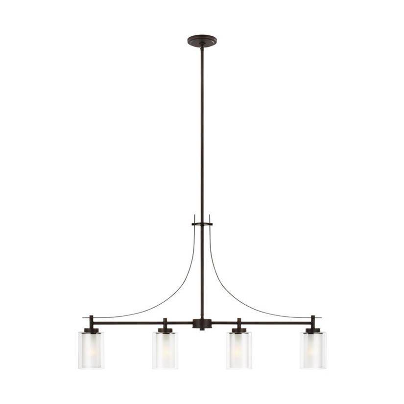 Generation Lighting Elmwood Park Traditional 4-Light Indoor Dimmable Linear Ceiling Chandelier Pendant Light In Bronze W/Satin Etched Glass Shades And Clear Glass Shades