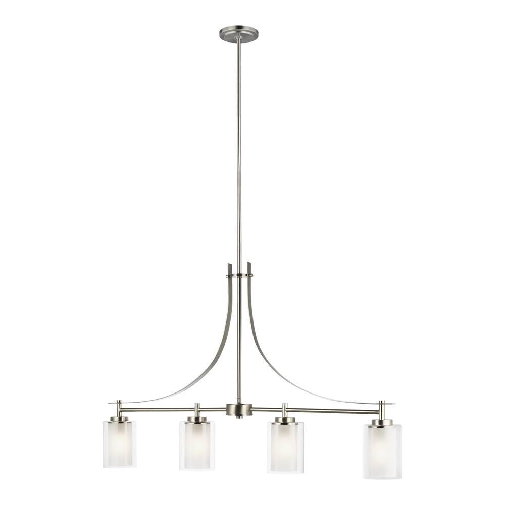 Generation Lighting Elmwood Park Traditional 4-Light Linear Ceiling Chandelier Pendant Light In Brushed Nickel Silver W/Satin Etched Glass Shades And Clear Glass Shades
