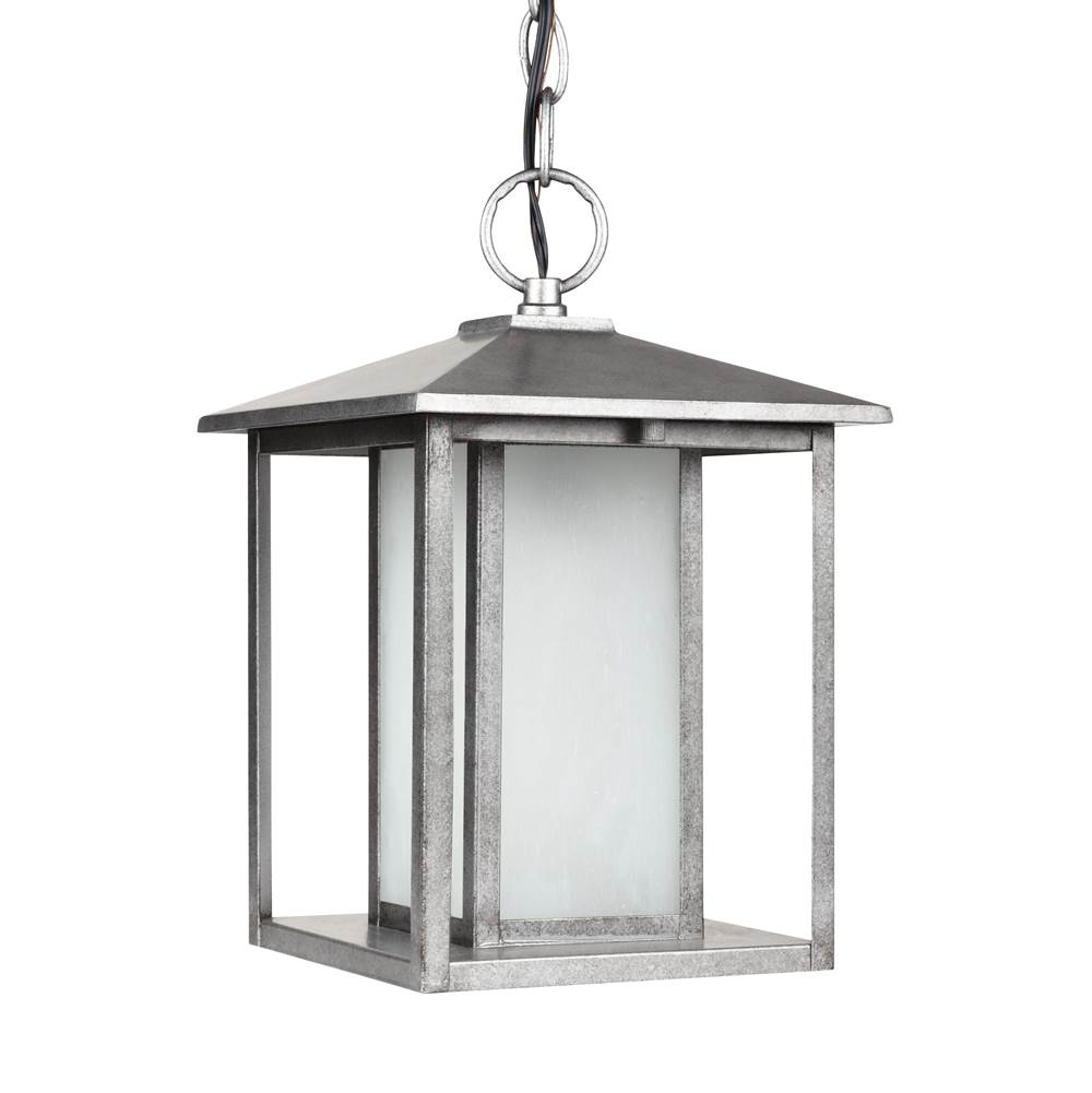 Generation Lighting Hunnington Contemporary 1-Light Outdoor Exterior Pendant In Weathered Pewter Grey Finish With Undefined Glass Panels