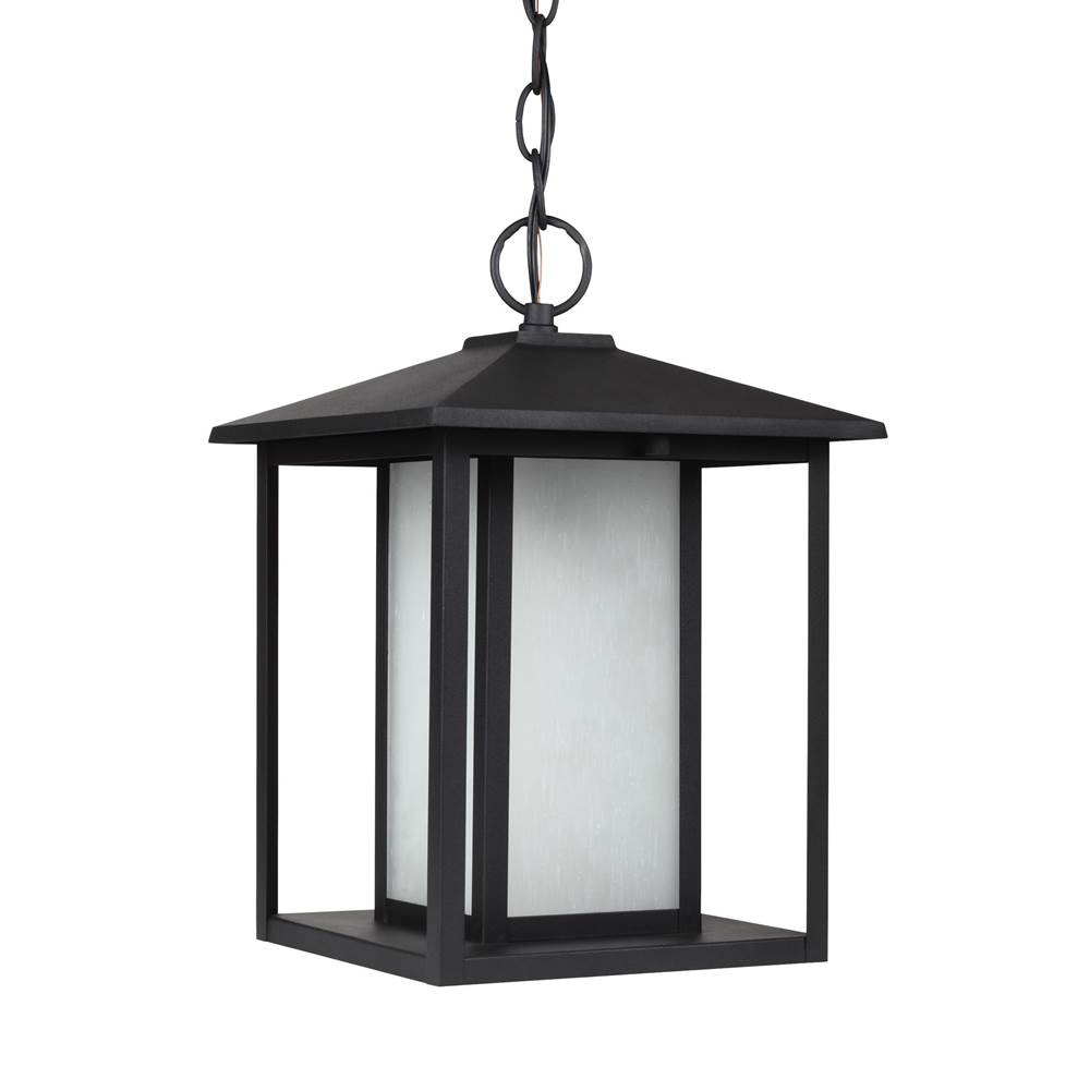 Generation Lighting Hunnington Contemporary 1-Light Led Outdoor Exterior Pendant In Black Finish With Etched Seeded Glass Panels