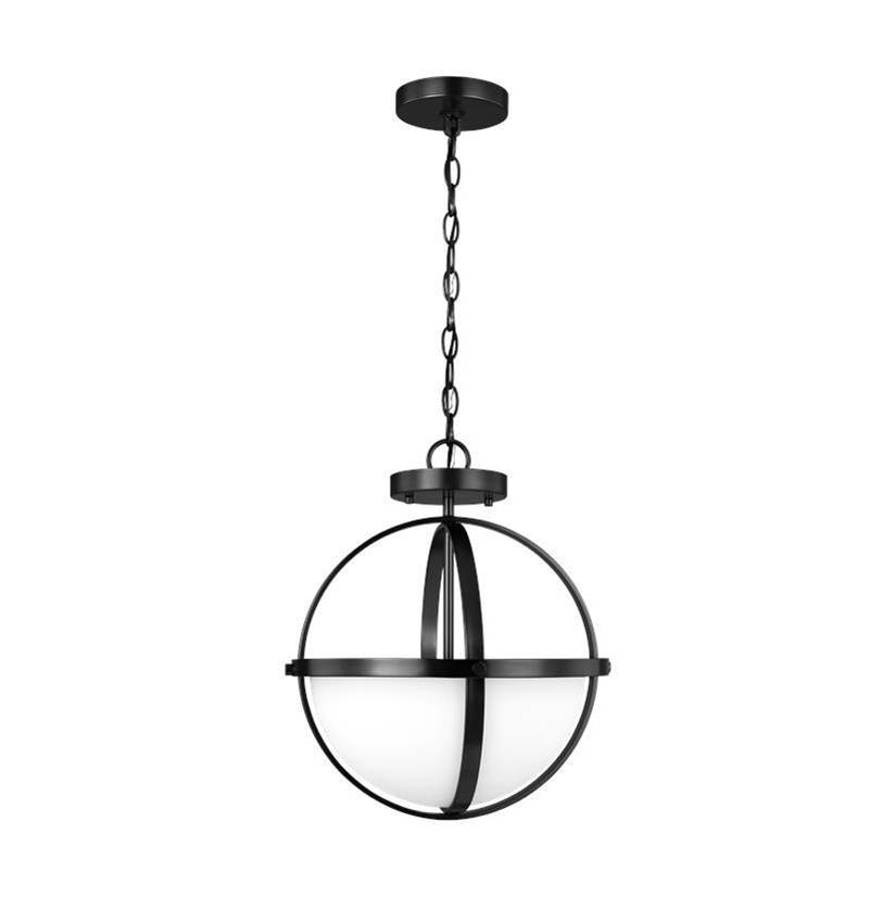 Generation Lighting Alturas Indoor Dimmable 2-Light Semi-Flush Convertible Pendant In A Midnight Black Finish And Etched White Glass Shades