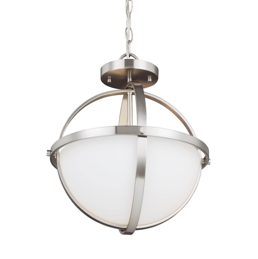 Generation Lighting Alturas Contemporary 2-Light Indoor Dimmable Ceiling Semi-Flush Mount In Brushed Nickel Silver Finish With Etched White Inside Glass Shade