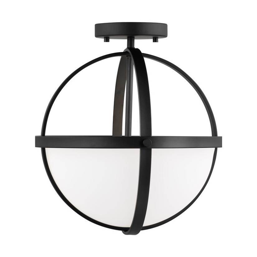 Generation Lighting Alturas Indoor Dimmable Led 2-Light Semi-Flush Convertible Pendant In A Midnight Black Finish And Etched White Glass Shades