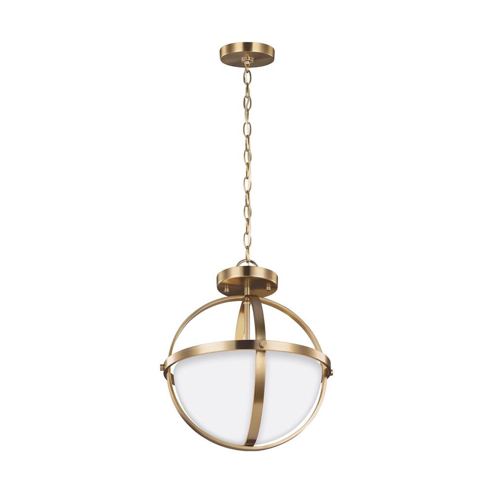 Generation Lighting Alturas Contemporary 2-Light Led Indoor Dimmable Ceiling Semi-Flush Mount In Satin Brass Gold Finish With Etched White Inside Glass Shade