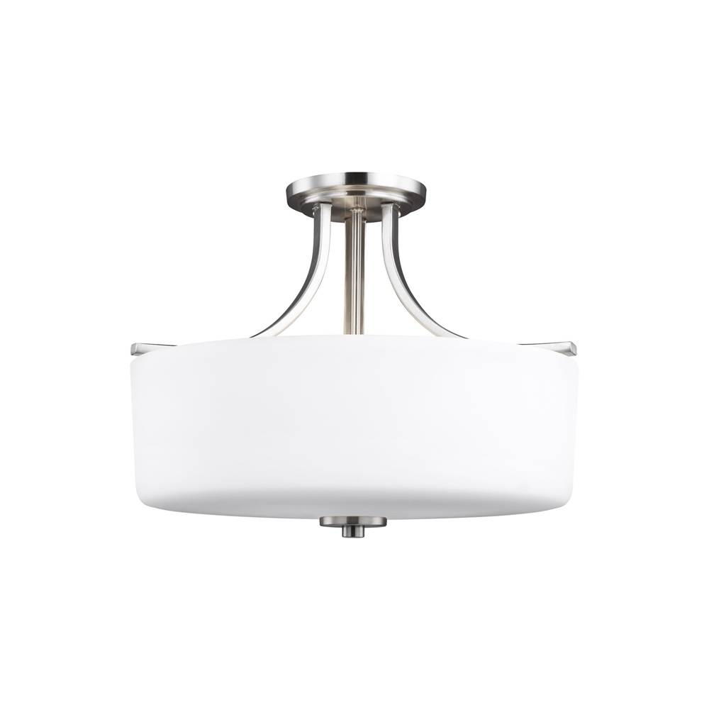 Generation Lighting Canfield Modern 3-Light Led Indoor Dimmable Ceiling Semi-Flush Mount In Brushed Nickel Silver Finish With Etched White Inside Glass Shade