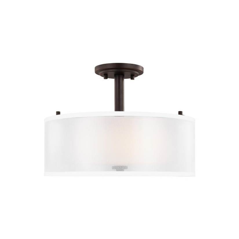 Generation Lighting Elmwood Park Traditional 2-Light Led Indoor Dimmable Ceiling Semi-Flush Mount In Bronze W/Satin Etched Glass Shade And Off White Organza Silk Shade
