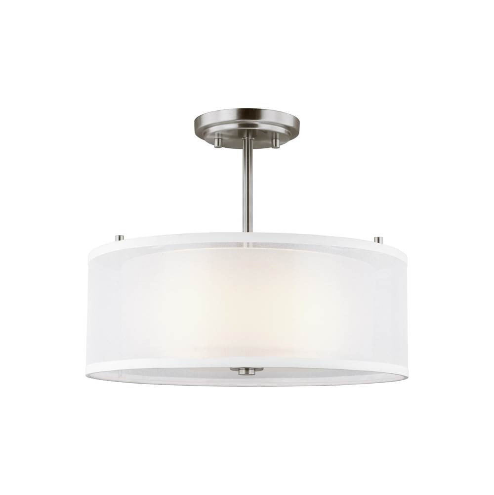 Generation Lighting Elmwood Park Traditional 2-Light Led Ceiling Semi-Flush Mount In Brushed Nickel Silver W/Satin Etched Glass Shade And Off White Organza Silk Shade