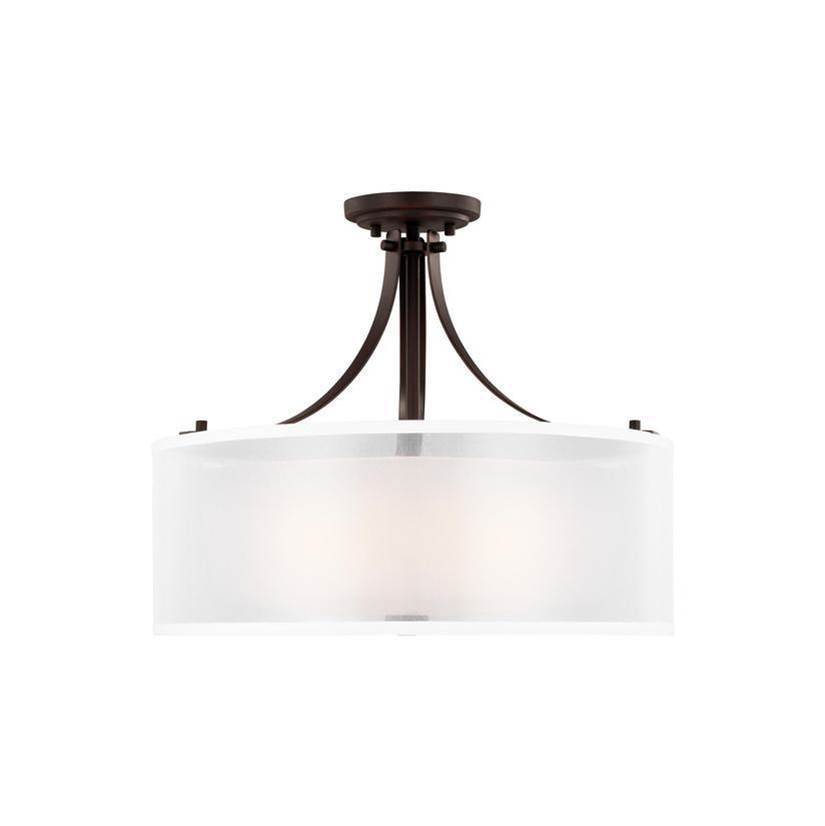Generation Lighting Elmwood Park Traditional 3-Light Indoor Dimmable Ceiling Semi-Flush Mount In Bronze Finish W/Satin Etched Glass Shade And Off White Organza Silk Shade