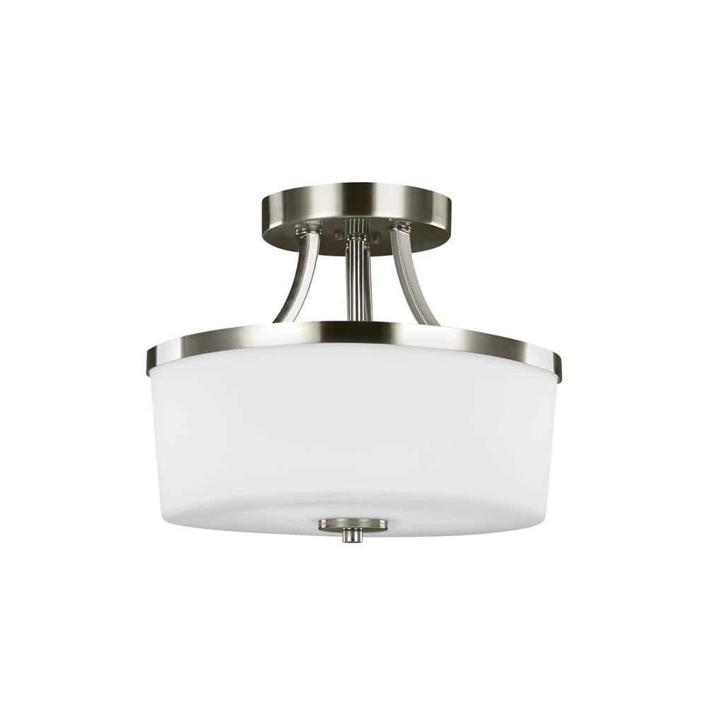 Generation Lighting Hettinger Transitional 2-Light Led Indoor Dimmable Ceiling Flush Mount In Brushed Nickel Silver Finish With Etched White Inside Glass Shade