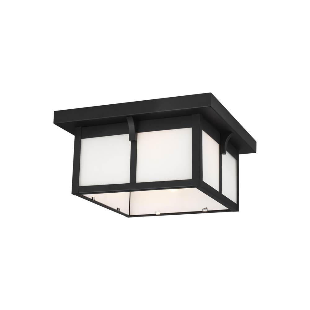 Generation Lighting Tomek Modern 2-Light Outdoor Exterior Ceiling Flush Mount In Black Finish With Etched White Glass Panels