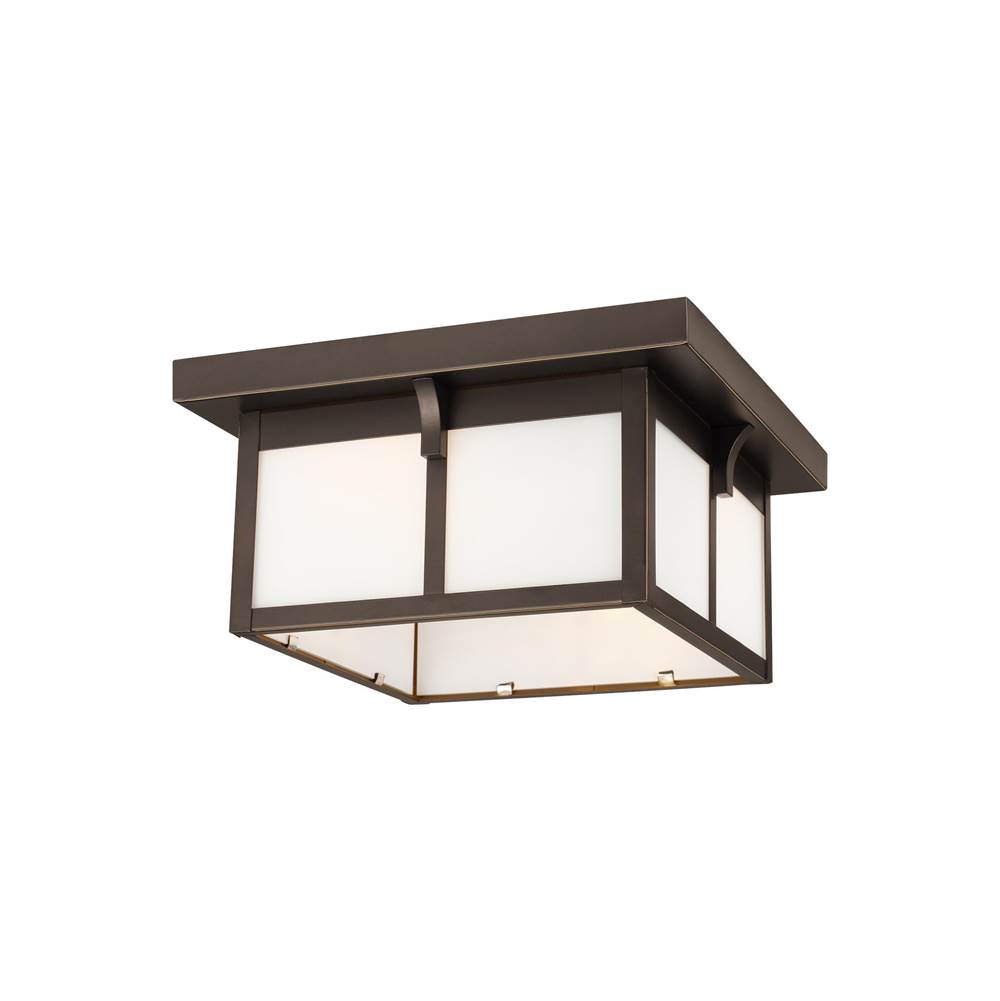 Generation Lighting Tomek Modern 2-Light Outdoor Exterior Ceiling Flush Mount In Antique Bronze Finish With Etched White Glass Panels