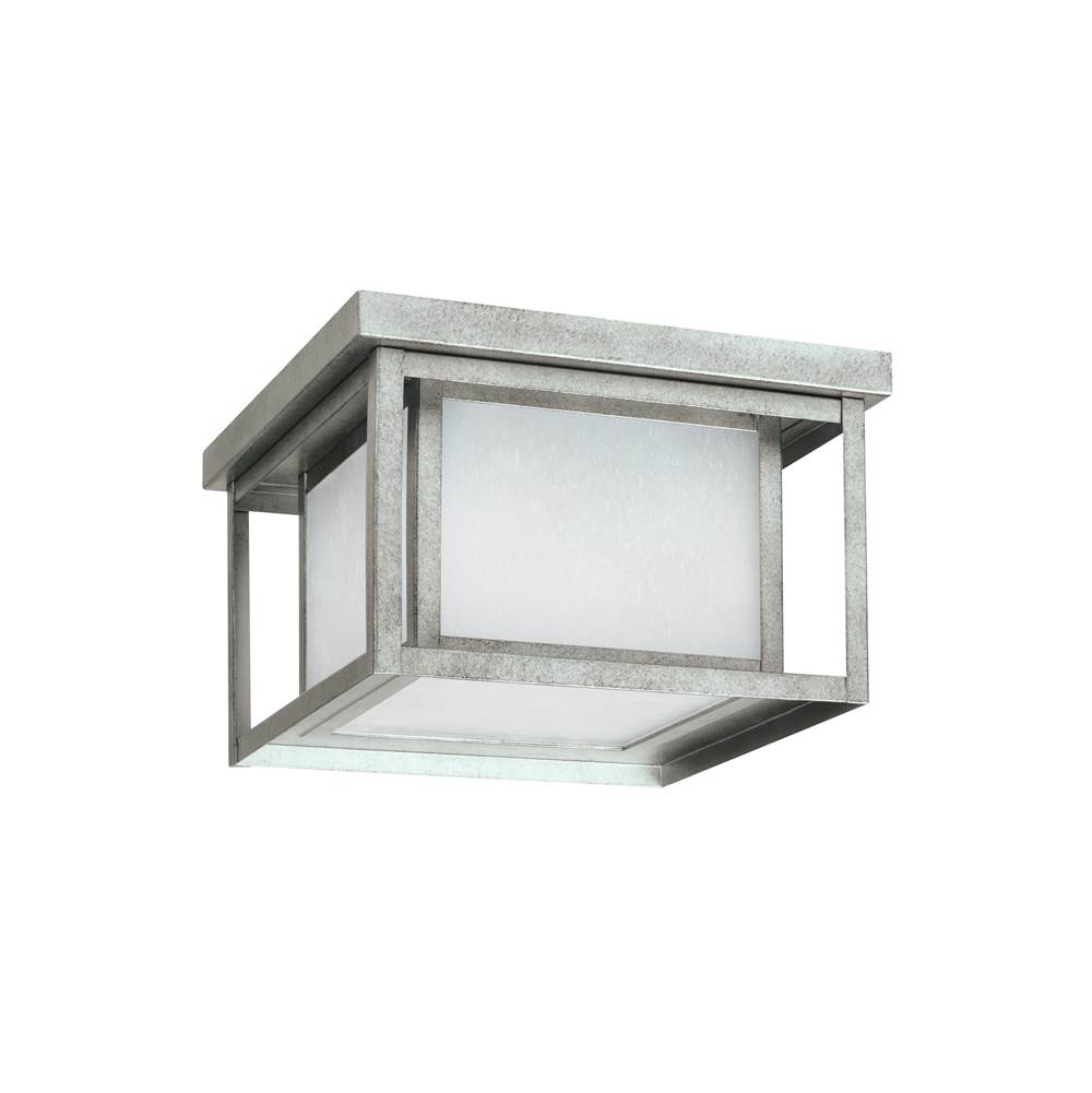 Generation Lighting Hunnington Contemporary 2-Light Led Outdoor Exterior Ceiling Flush Mount In Weathered Pewter Grey Finish With Etched Seeded Glass Panels