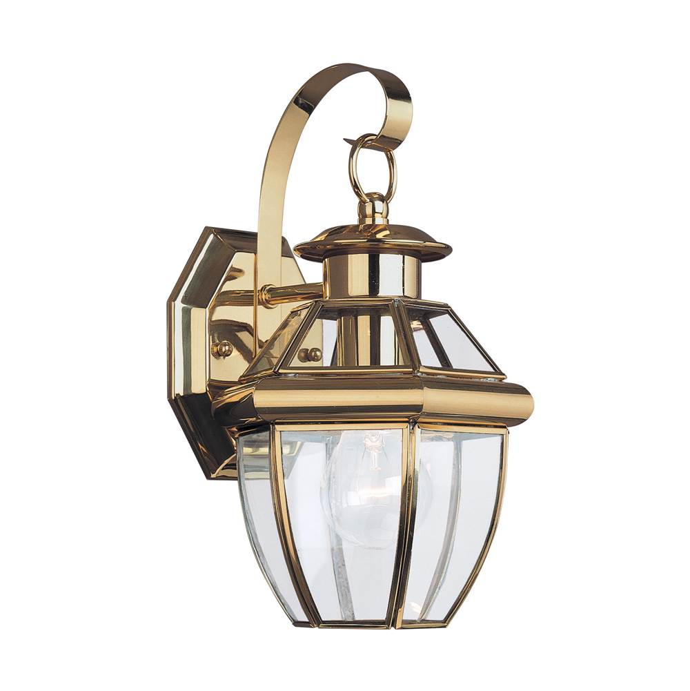 Generation Lighting Lancaster Traditional 1-Light Outdoor Exterior Small Wall Lantern Sconce In Polished Brass Gold Finish With Clear Curved Beveled Glass Shade