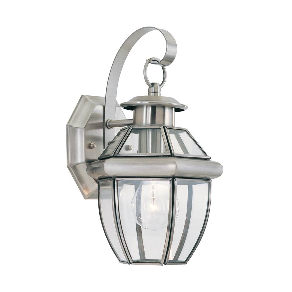 Generation Lighting Lancaster Traditional 1-Light Outdoor Exterior Small Wall Lantern Sconce In Antique Brushed Nickel Silver Finish W/Clear Curved Beveled Glass Shade