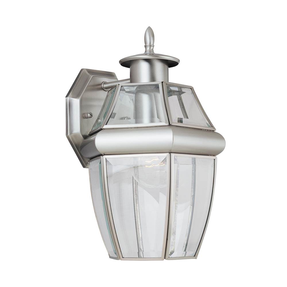 Generation Lighting Lancaster Traditional 1-Light Outdoor Exterior Medium Wall Lantern Sconce In Antique Brushed Nickel Silver Finish W/Clear Curved Beveled Glass Shade